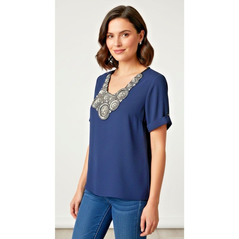 Adam Lippes womens designer rhinestone beaded short sleeve blue blouse Small